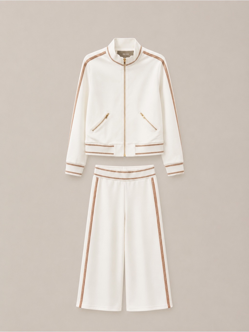 Cream Wide-Leg Track Pants with Gold-Trim